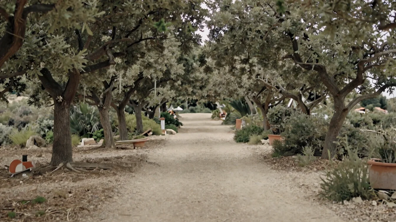 Narrow footpath under oak trees at the edge of Mediterranean scru