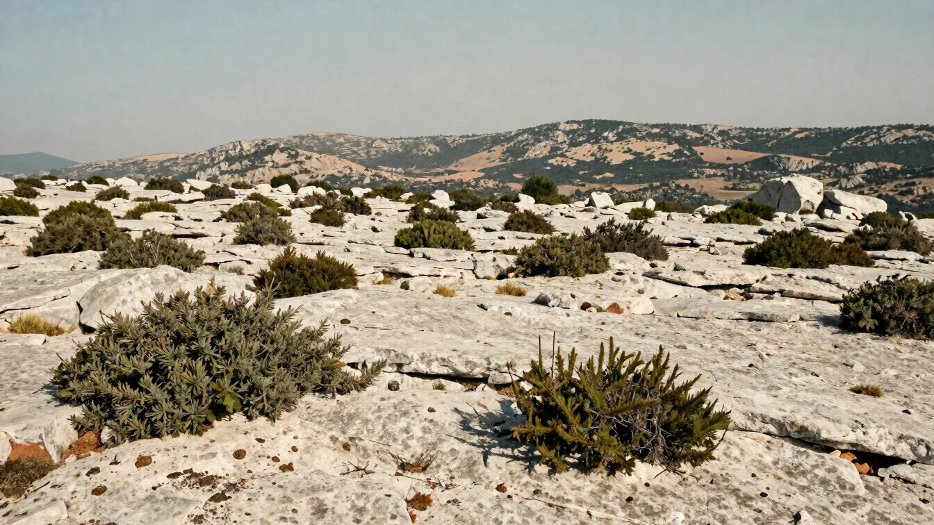 Open garrigue plateau with low aromatic shrubs over pale limeston
