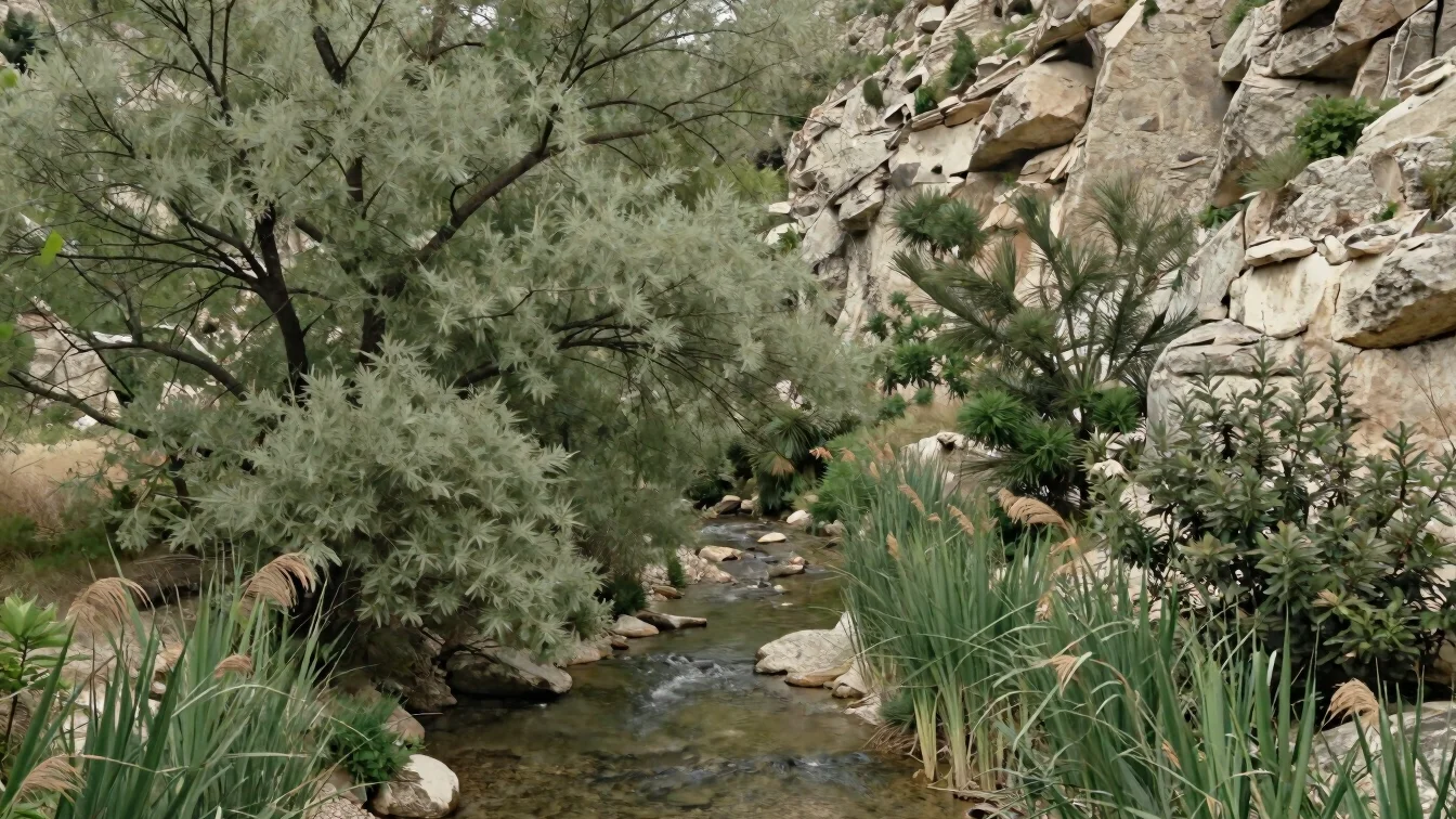 Quiet stream bordered by riparian trees and reeds in a narrow Ard