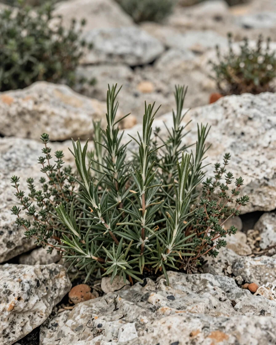 Close documentary detail of garrigue herbs, rosemary and thyme growing among limestone stones in soft natural light, mut