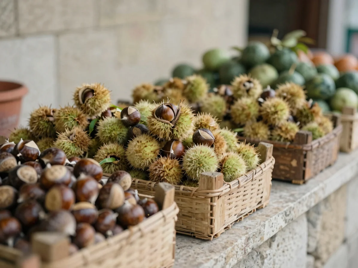 Documentary close-up in soft natural daylight of ripe chestnuts a