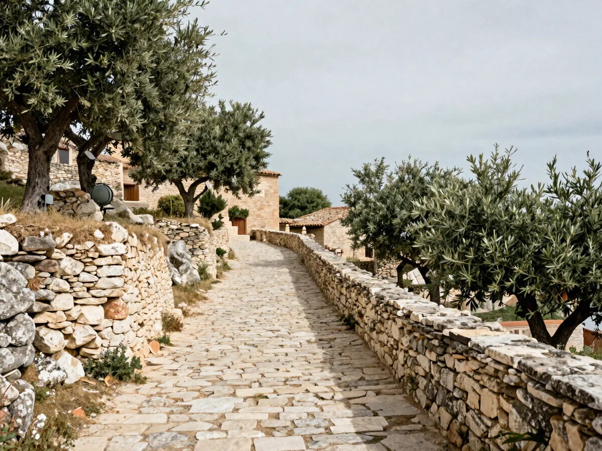 Wide editorial photograph of a stone village path winding past dr