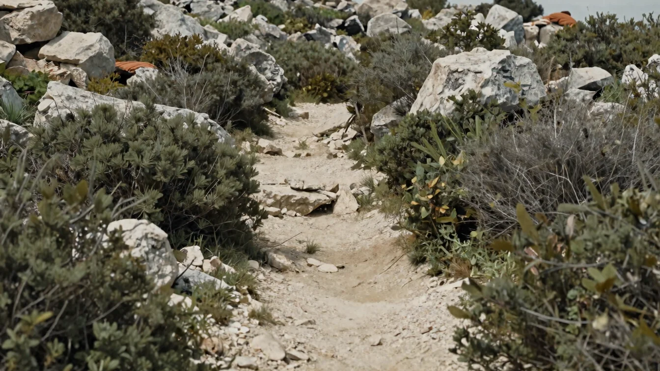 Close editorial detail of a narrow footpath through wild garrigue shrubs and limestone rock, soft natural daylight, mute
