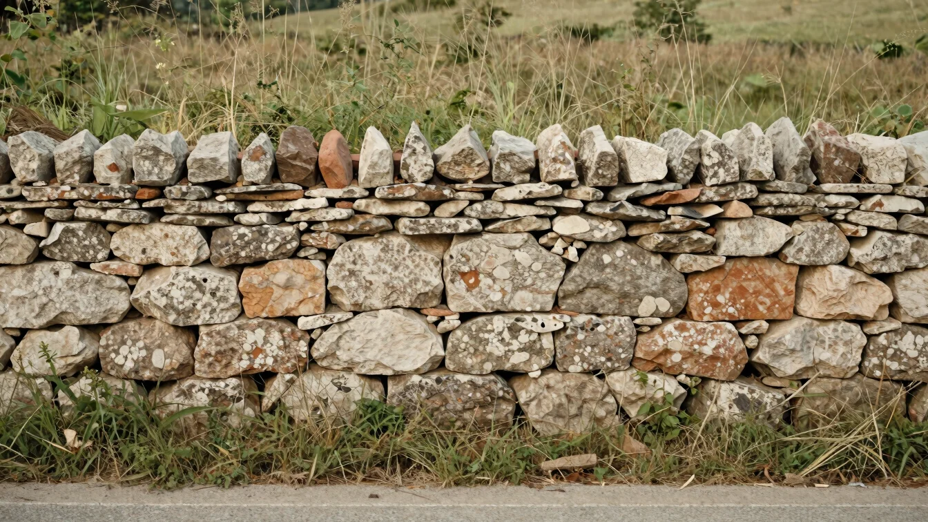 Close documentary detail of a stone wall beside a rural road, weathered stone and wild grasses, soft daylight, no litter