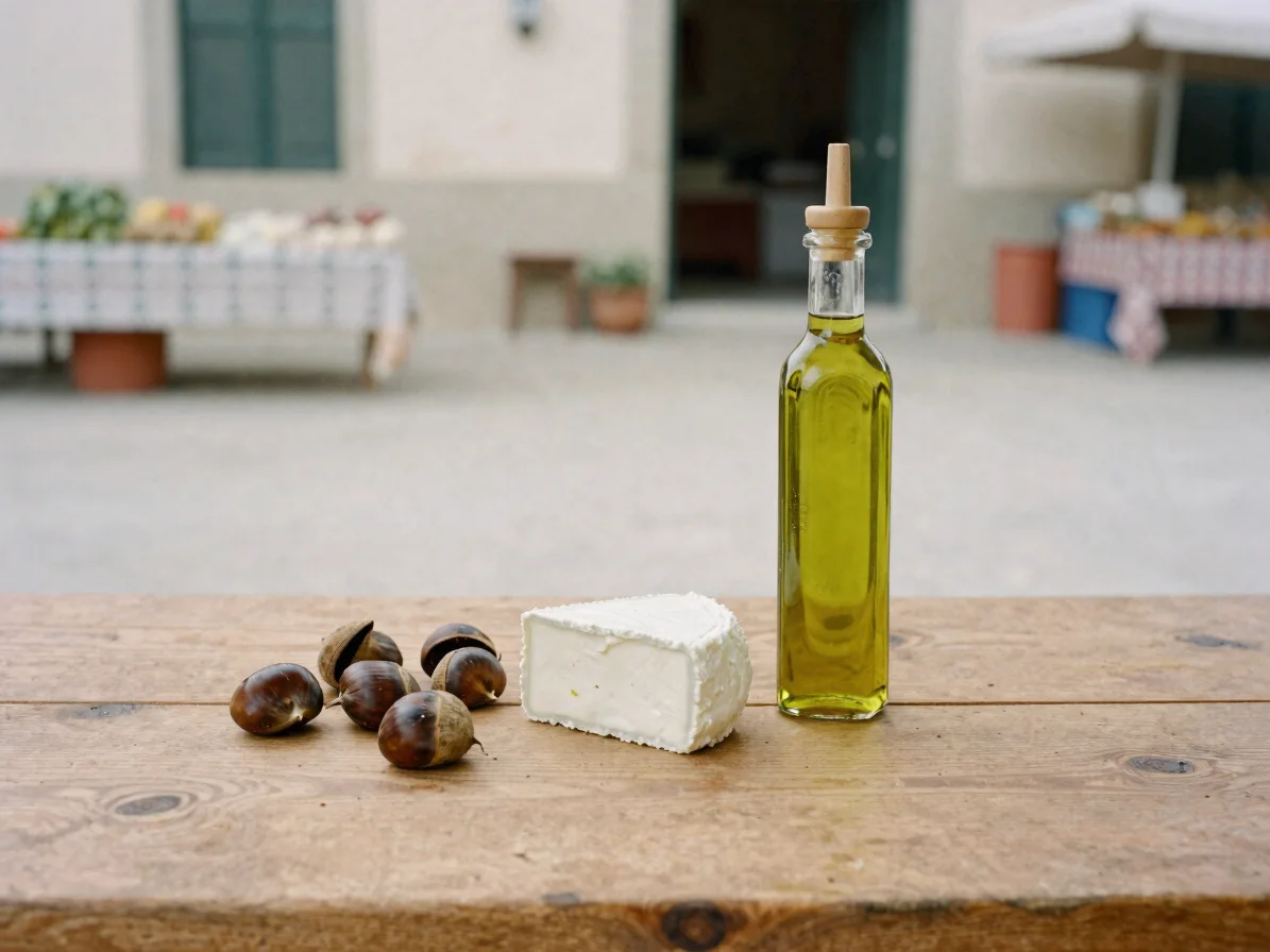 Still life of chestnuts, goat cheese and olive oil on a wooden ta