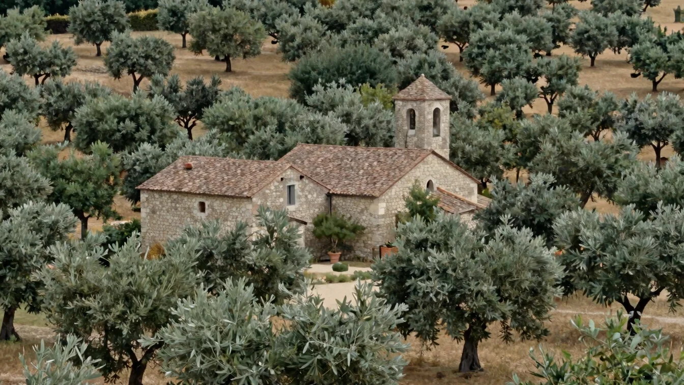 Wide documentary view of a traditional stone farmhouse among olive trees in the Ardèche countryside, soft natural light,