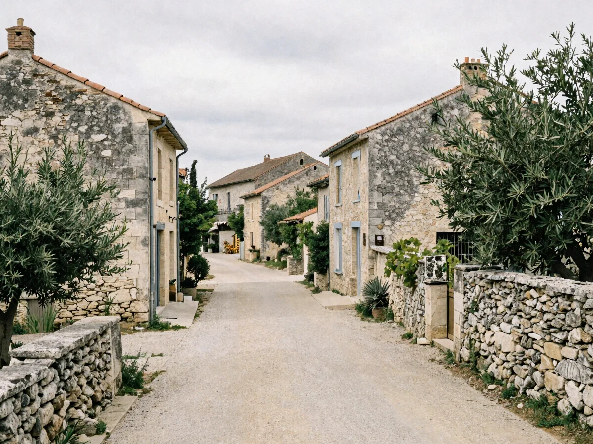 Wide, soft natural daylight view of a stone village street in sou
