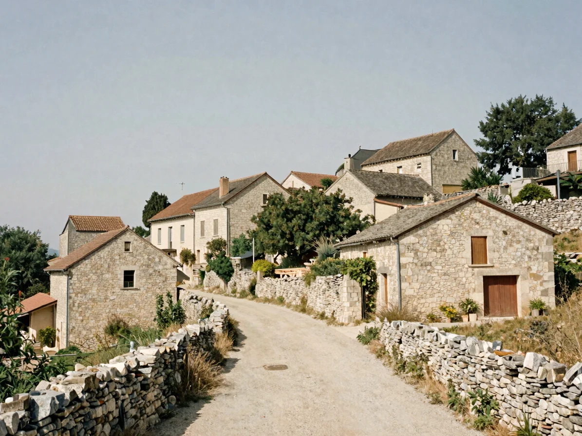 Documentary photograph of a small Ardèche village on a narrow rid