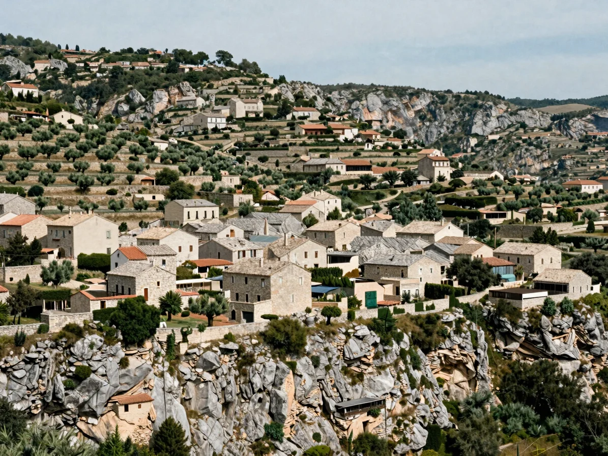 Wide documentary view of a hamlet on the edge of a rocky ravine i