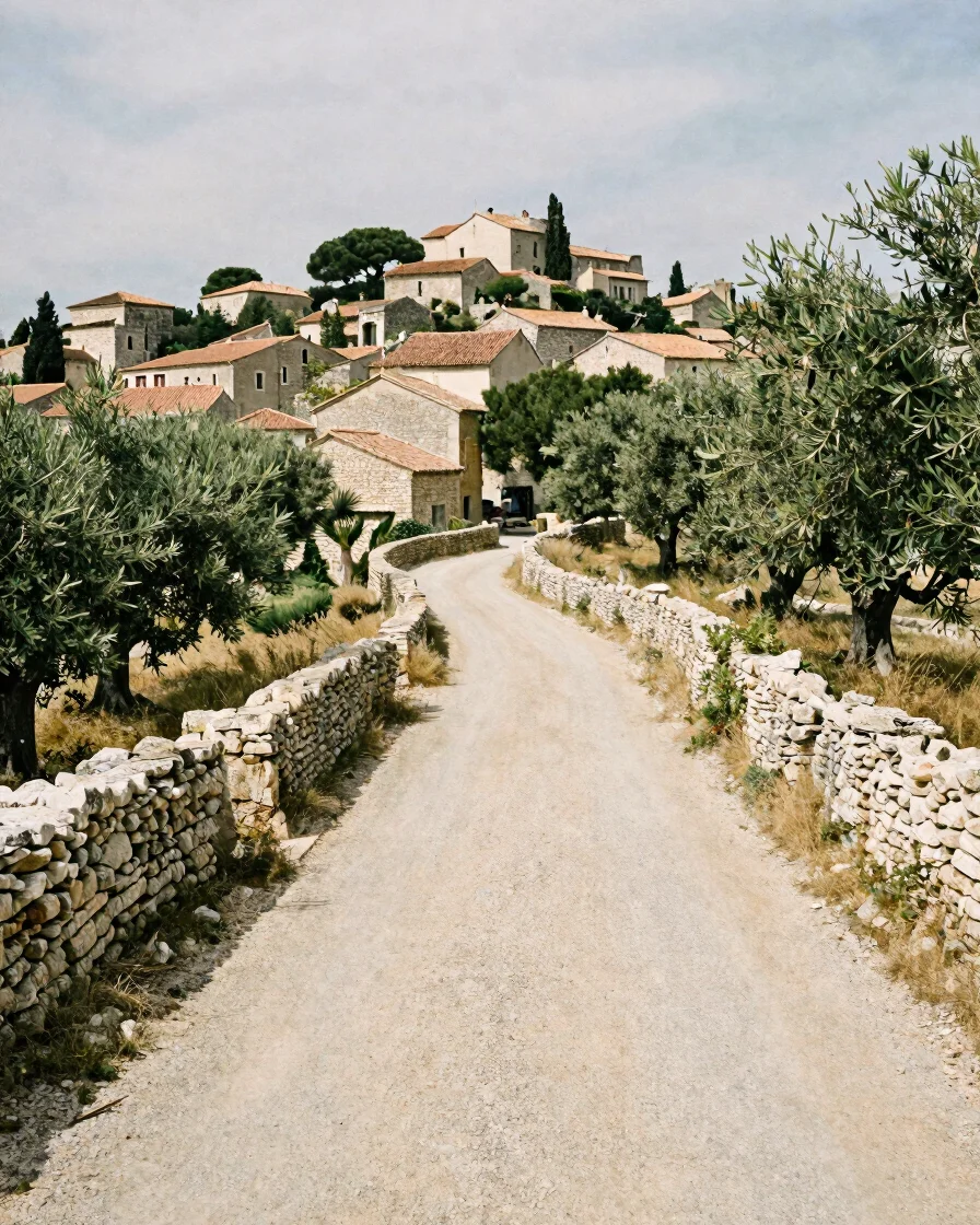 Documentary photograph of a narrow rural road winding between stone walls toward a hamlet in southern Ardèche, sandstone