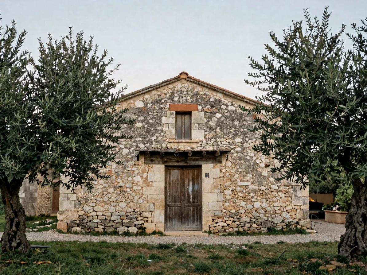 Late afternoon daylight on a weathered stone farmhouse in souther