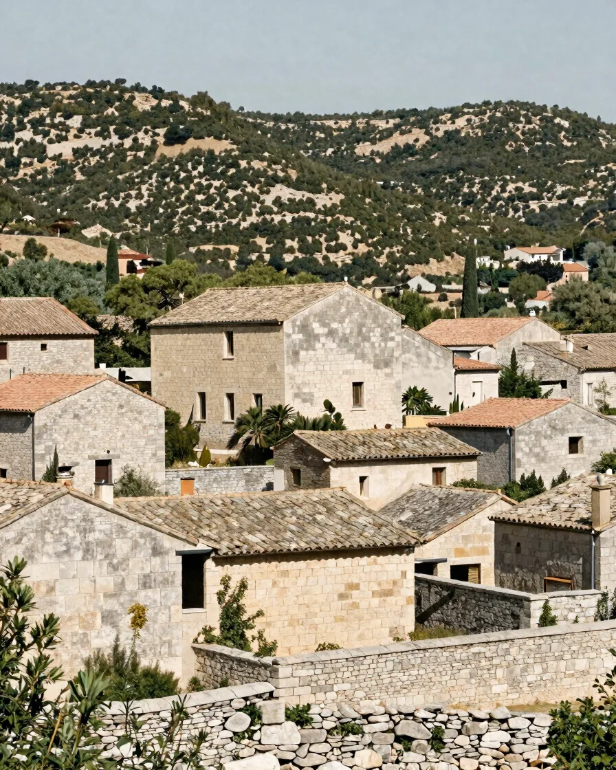 Wide documentary photograph of sandstone masonry and dry-stone wa